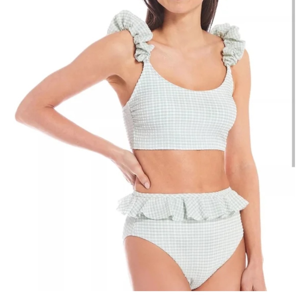 Green Gingham puff/ruffle sleeved swim set